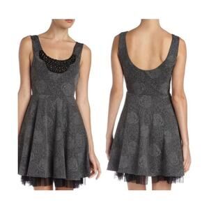Free People Mini Dress XS Lace Beaded Floral Gray Black Sleeveless Fit Flare